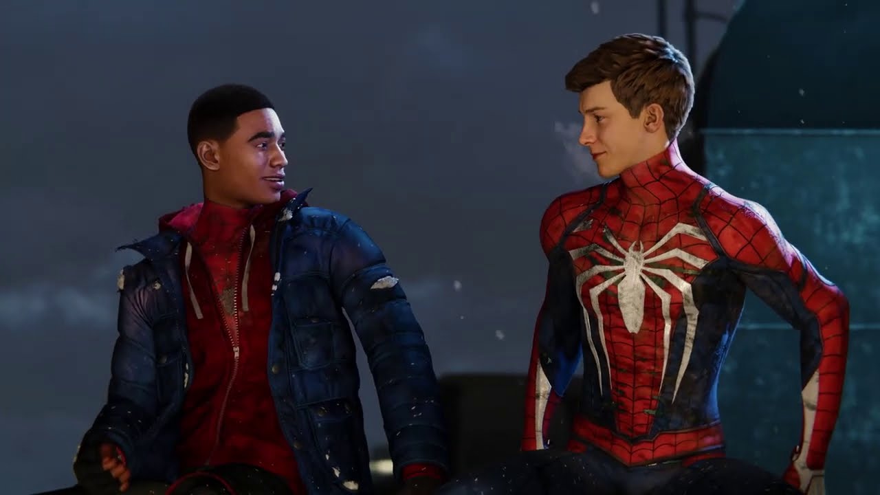 Screenshot from the prequel to Spider Man 2 featuring Miles Morales and Peter Parker