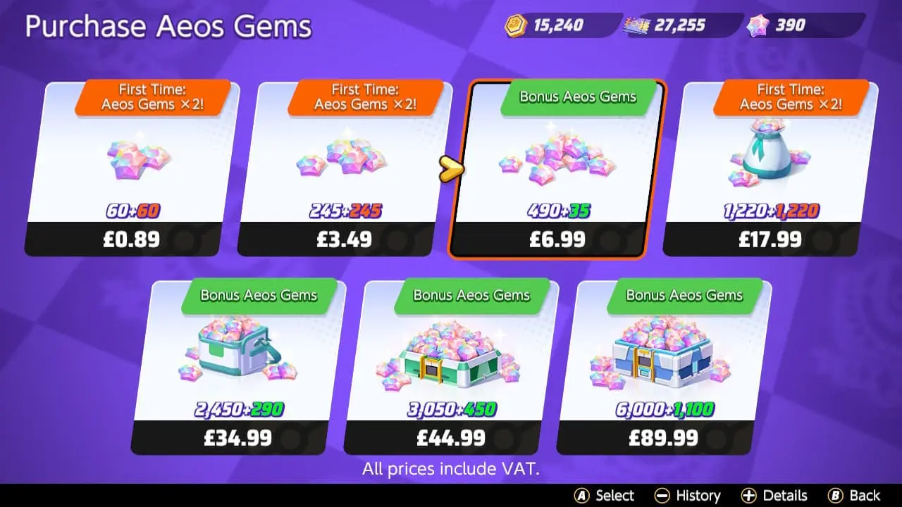 A picture of Aeos Gems and how much they cost exchange booth
