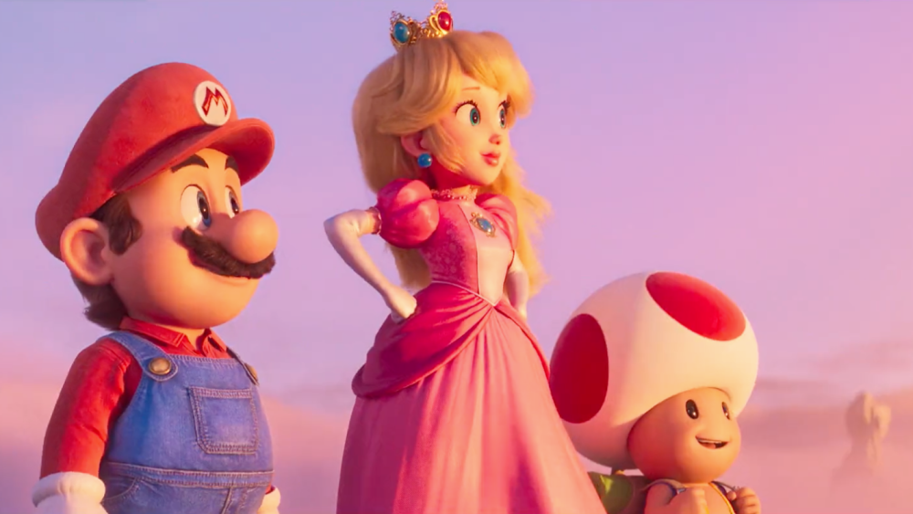 The Super Mario Bros. Movie screencap featuring Mario, Peach and Toad.